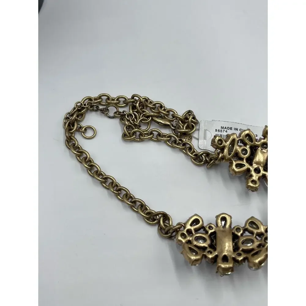 J. CREW Signed Crystal Rhinestone Gold Brass Tone Cluster Statement Necklace New